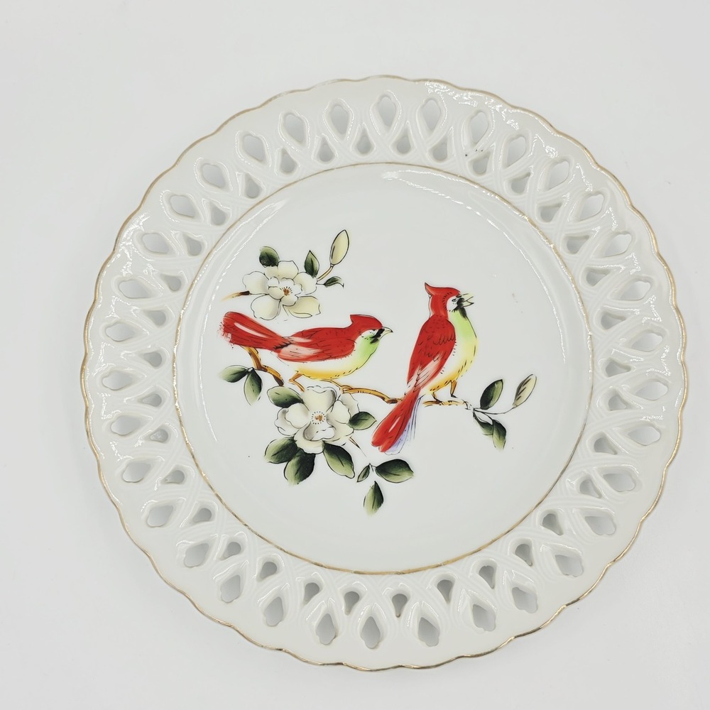 Vintage Cardinal Reticulated Display Plate Bird Collector Japan 8" White Red MCM